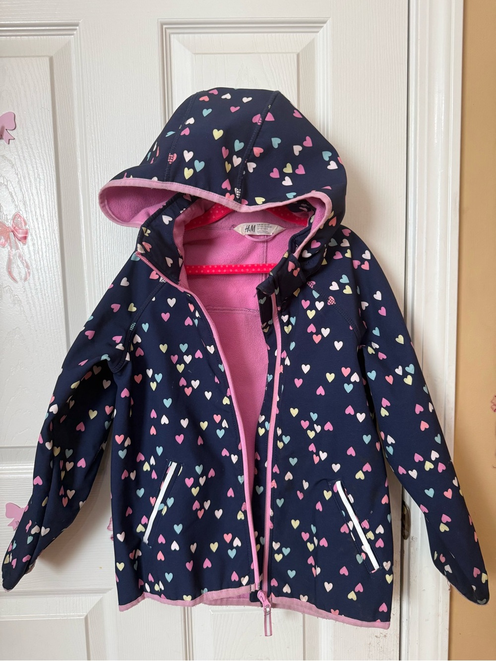 H&M Navy Hooded Raincoat with Pastel Heart Print